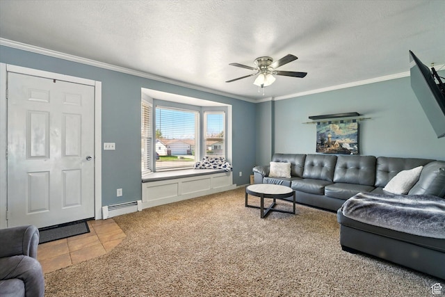 living room with baseboard heating, ceiling fan, ornamental molding, tile patterned floors, and a textured ceiling