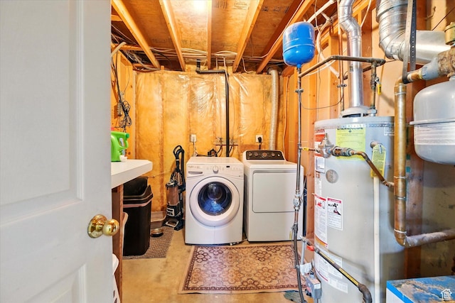 laundry area with washer and dryer and water heater