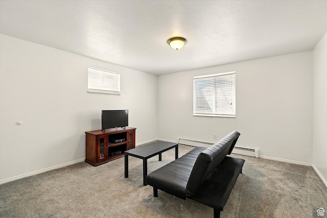living room featuring a baseboard radiator, light carpet, and baseboards
