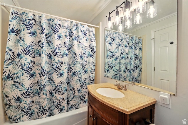 bathroom with crown molding, vanity, and shower / tub combo