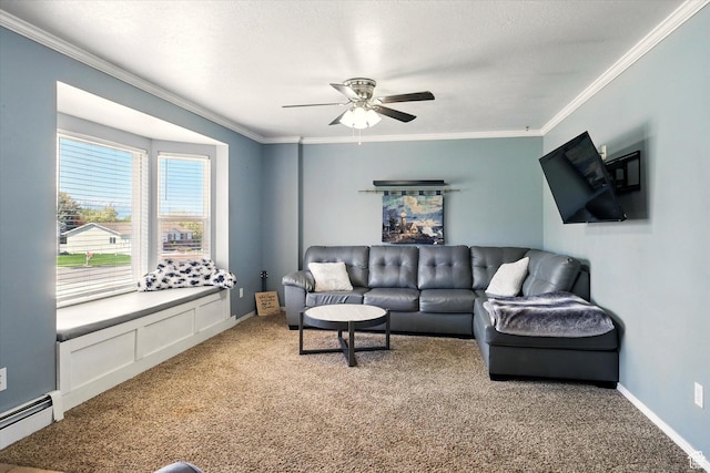 living room with light colored carpet, a baseboard heating unit, crown molding, a ceiling fan, and baseboards
