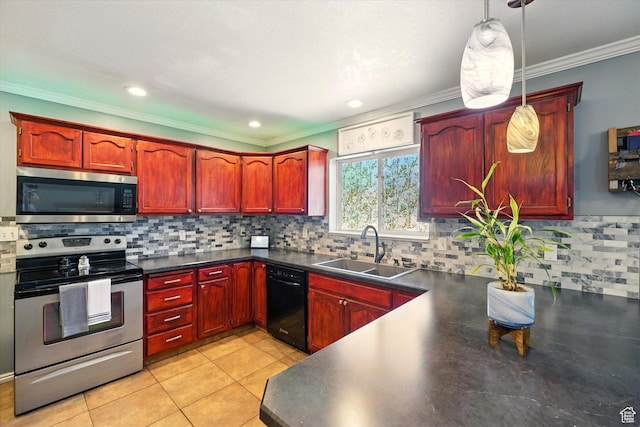 kitchen with appliances with stainless steel finishes, a sink, reddish brown cabinets, dark countertops, and crown molding