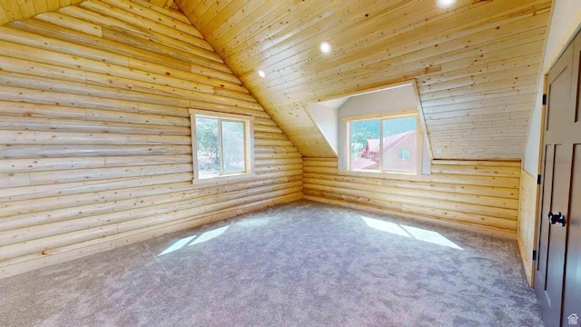 1982 S High Juniper Dr, Cedar City, UT 84720 - additional living space with log walls, wood ceiling, vaulted ceiling, carpet floors, and recessed lighting