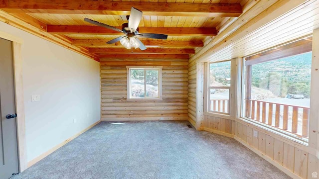 1982 S High Juniper Dr, Cedar City, UT 84720 - empty room featuring wood ceiling, log walls, beamed ceiling, ceiling fan, and carpet