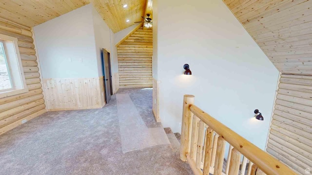 1982 S High Juniper Dr, Cedar City, UT 84720 - corridor with rustic walls, wooden ceiling, carpet flooring, lofted ceiling, and an upstairs landing
