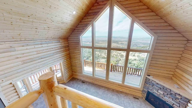 1982 S High Juniper Dr, Cedar City, UT 84720 - additional living space featuring rustic walls, wood ceiling, a stone fireplace, and vaulted ceiling