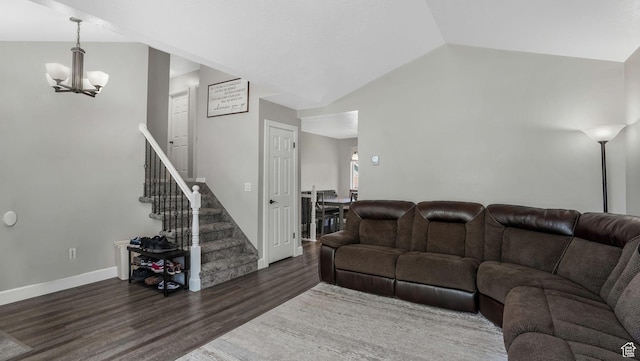 4812 S 3925 W, Roy, UT 84067 - living room featuring a chandelier, wood finished floors, stairway, vaulted ceiling, and baseboards