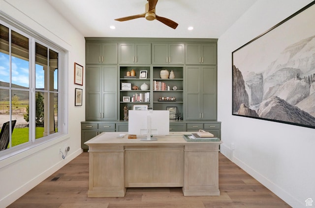 home office with a ceiling fan, baseboards, wood finished floors, and recessed lighting