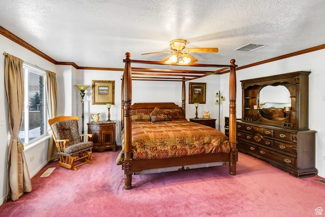 860 S 720 W, Glenwood, UT 84730 - carpeted bedroom featuring ornamental molding, a textured ceiling, baseboards, and ceiling fan