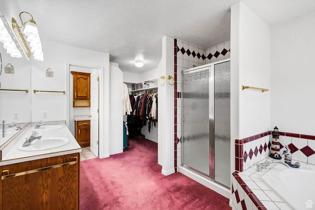 860 S 720 W, Glenwood, UT 84730 - bathroom featuring a shower stall, a garden tub, a spacious closet, double vanity, and baseboards