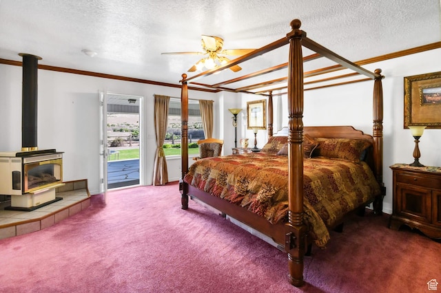 860 S 720 W, Glenwood, UT 84730 - bedroom featuring a wood stove, access to exterior, carpet flooring, crown molding, and a textured ceiling
