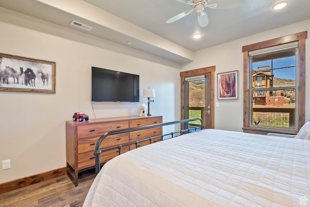 bedroom with wood-type flooring, baseboards, access to outside, recessed lighting, and ceiling fan