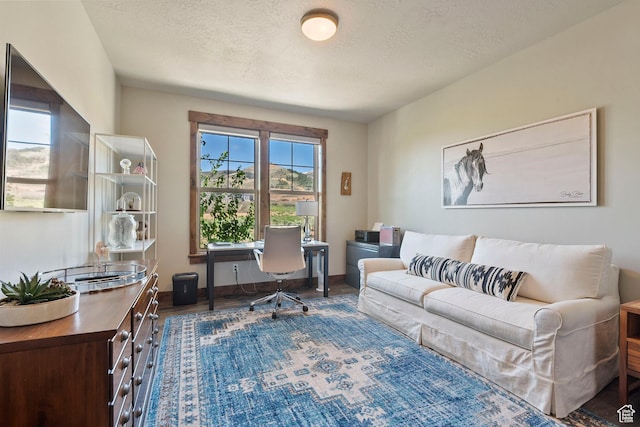 office area with a textured ceiling, wood finished floors, and baseboards