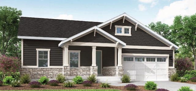 view of front of property featuring stone siding, covered porch, driveway, an attached garage, and a shingled roof