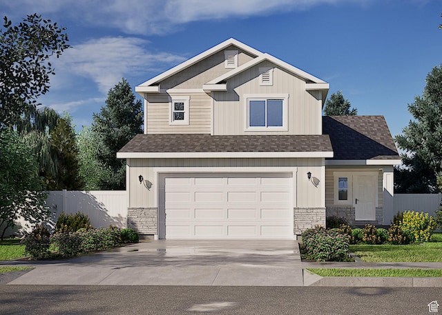 view of front facade with a shingled roof, fence, concrete driveway, stone siding, and a garage