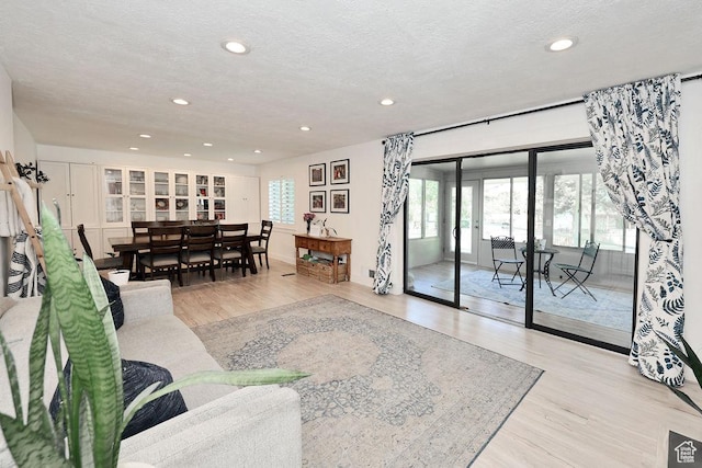 living area featuring wood finished floors, recessed lighting, and a textured ceiling