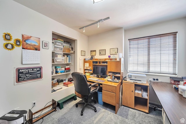 carpeted home office with rail lighting