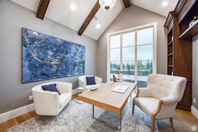 office space with beamed ceiling, wood finished floors, baseboards, recessed lighting, and high vaulted ceiling