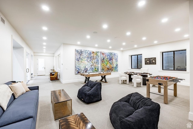 rec room featuring light carpet, baseboards, and recessed lighting