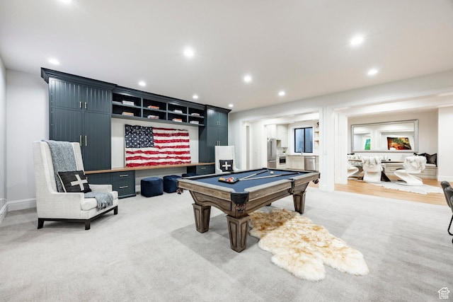 rec room with billiards, recessed lighting, light carpet, and baseboards