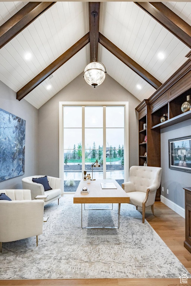 living area with light wood-type flooring, wooden ceiling, and recessed lighting
