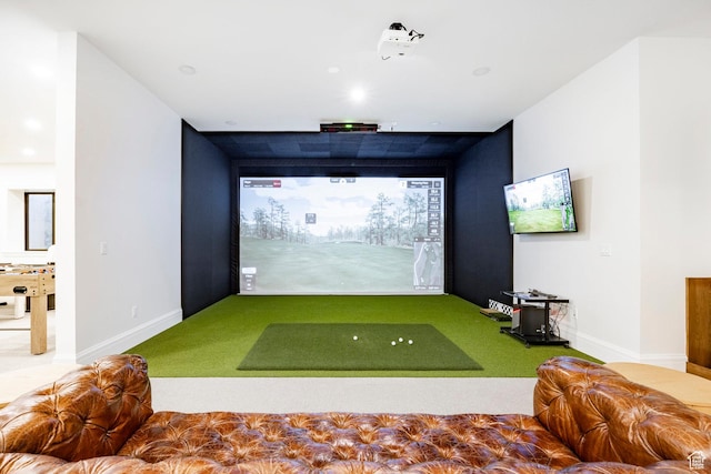 recreation room featuring golf simulator, carpet, baseboards, and recessed lighting