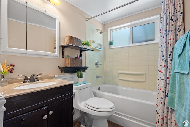 bathroom with crown molding, shower / bathtub combination with curtain, toilet, and vanity