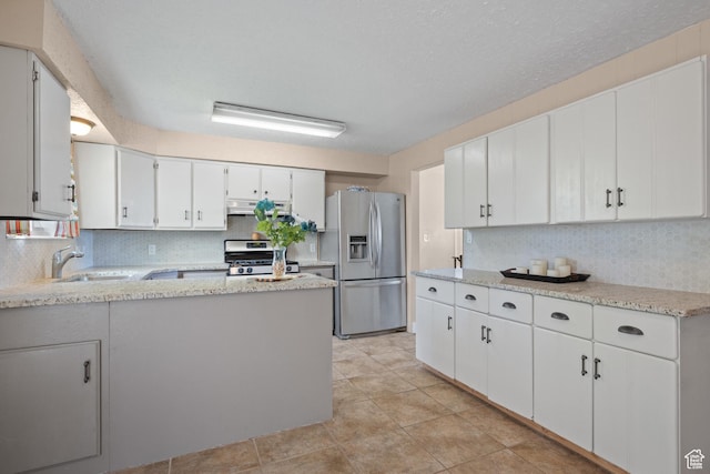 kitchen featuring stainless steel appliances, a sink, under cabinet range hood, and decorative backsplash