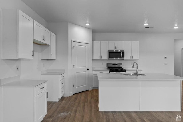 1448 S Staircase Way Unit 4099, Washington, UT 84780 - kitchen featuring appliances with stainless steel finishes, a sink, dark wood finished floors, white cabinets, and a kitchen island with sink