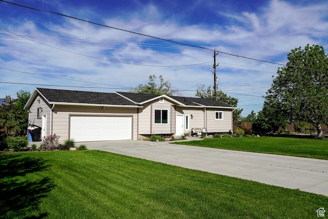 ranch-style house with concrete driveway, a garage, a front yard, and a shingled roof