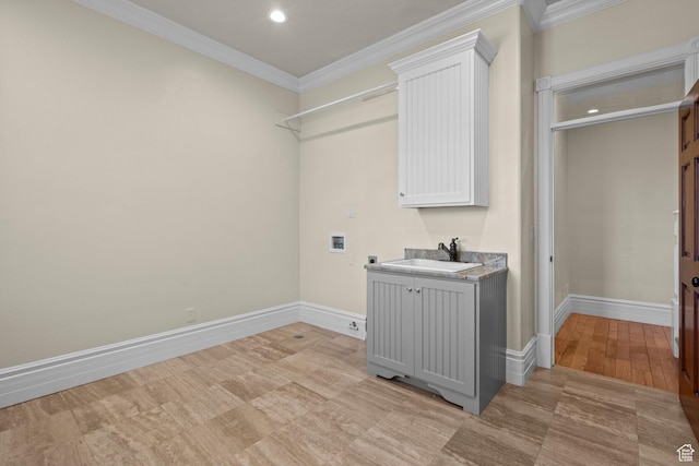 clothes washing area featuring washer hookup, ornamental molding, baseboards, hookup for an electric dryer, and recessed lighting