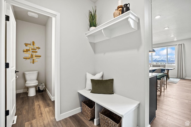 mudroom with wood finished floors, baseboards, and recessed lighting