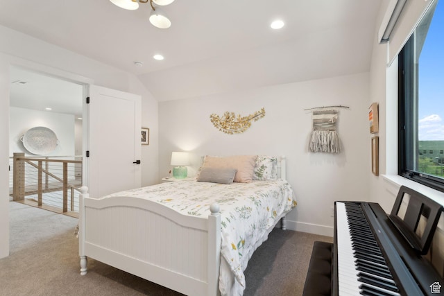 bedroom with carpet flooring, baseboards, recessed lighting, and vaulted ceiling