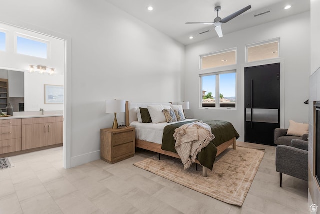 1526 S Shale Dr, St George, UT 84790 - bedroom with a towering ceiling, recessed lighting, ensuite bathroom, a ceiling fan, and baseboards