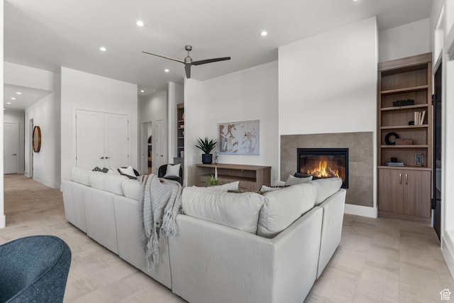 1526 S Shale Dr, St George, UT 84790 - living area with recessed lighting, ceiling fan, a fireplace, baseboards, and built in shelves