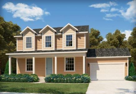view of front facade featuring an attached garage, concrete driveway, and a front yard