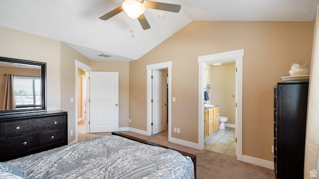 186 W 380 S, American Fork, UT 84003 - bedroom with light carpet, vaulted ceiling, baseboards, ensuite bath, and a ceiling fan