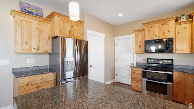 186 W 380 S, American Fork, UT 84003 - kitchen with appliances with stainless steel finishes, light brown cabinetry, baseboards, dark stone counters, and recessed lighting