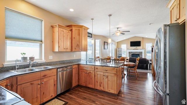 186 W 380 S, American Fork, UT 84003 - kitchen with appliances with stainless steel finishes, a ceiling fan, a sink, a peninsula, and dark wood-style flooring
