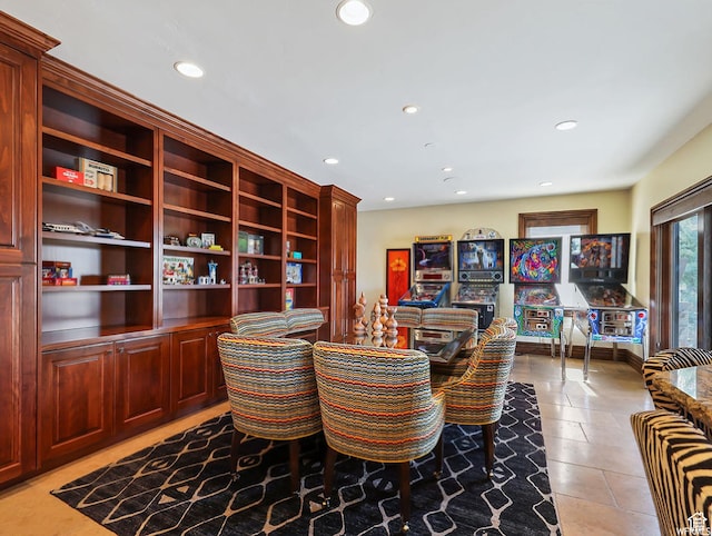 interior space featuring recessed lighting and light tile patterned flooring