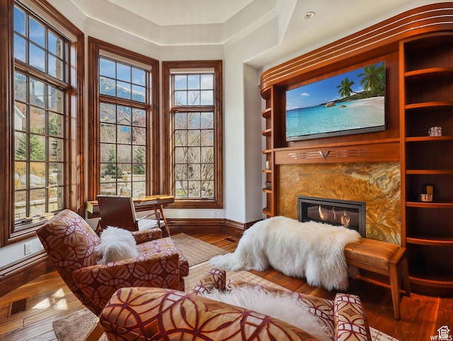 sitting room featuring hardwood / wood-style floors, baseboards, and a premium fireplace