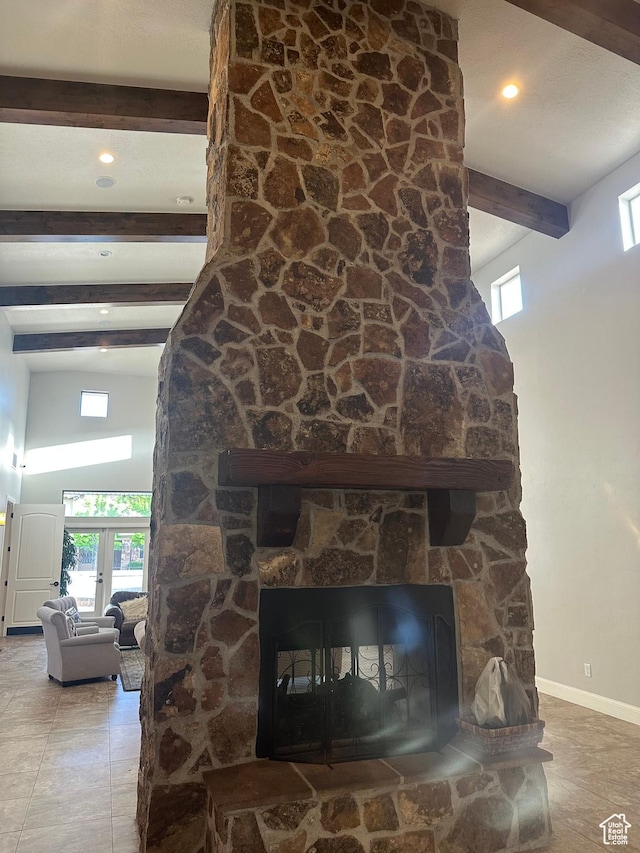 5516 W Florence Ln N, Highland, UT 84003 - detailed view of beamed ceiling and a fireplace