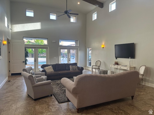 5516 W Florence Ln N, Highland, UT 84003 - living area featuring high vaulted ceiling, french doors, ceiling fan, and beam ceiling