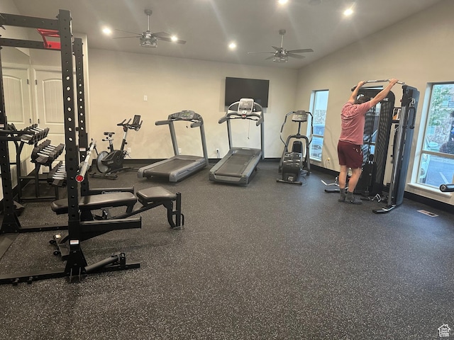 5516 W Florence Ln N, Highland, UT 84003 - gym featuring ceiling fan, healthy amount of natural light, vaulted ceiling, and recessed lighting