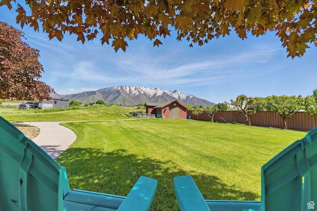 view of yard with a mountain view, an outdoor structure, and a storage shed