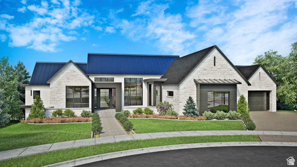 modern farmhouse style home with stone siding, a standing seam roof, a garage, and driveway