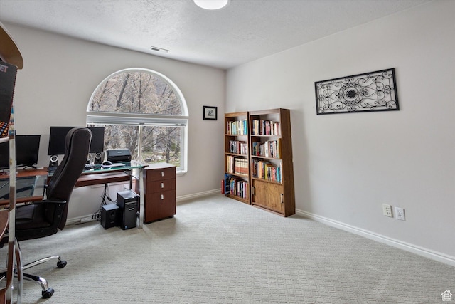 office featuring light carpet, baseboards, and a textured ceiling
