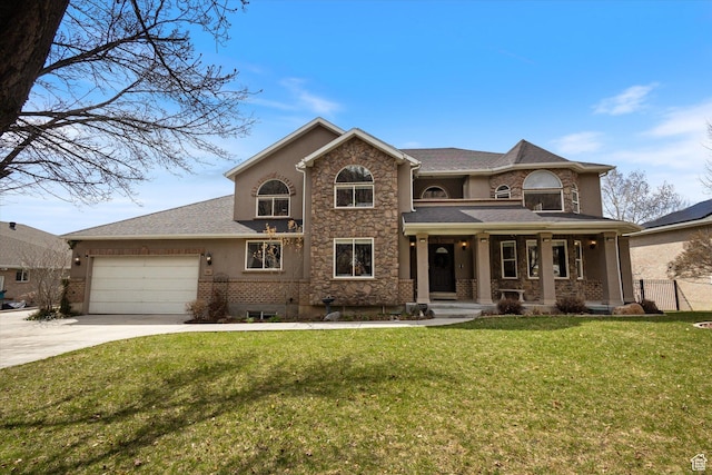 traditional-style home with driveway, an attached garage, stone siding, and roof with shingles
