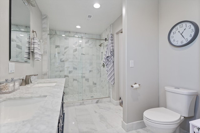 full bathroom featuring toilet, baseboards, a stall shower, recessed lighting, and marble finish floors