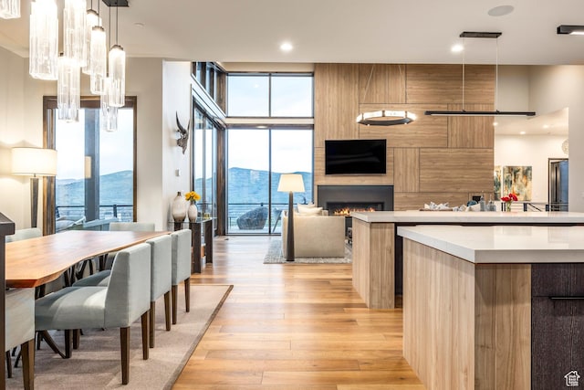 6110 E Blue Wing Loop, Kamas, UT 84036 - kitchen featuring modern cabinets, light wood-style floors, a large fireplace, floor to ceiling windows, and open floor plan